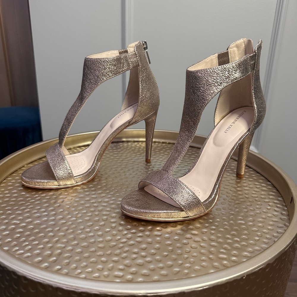 Gold High-Heeled Sandals with Ankle Strap